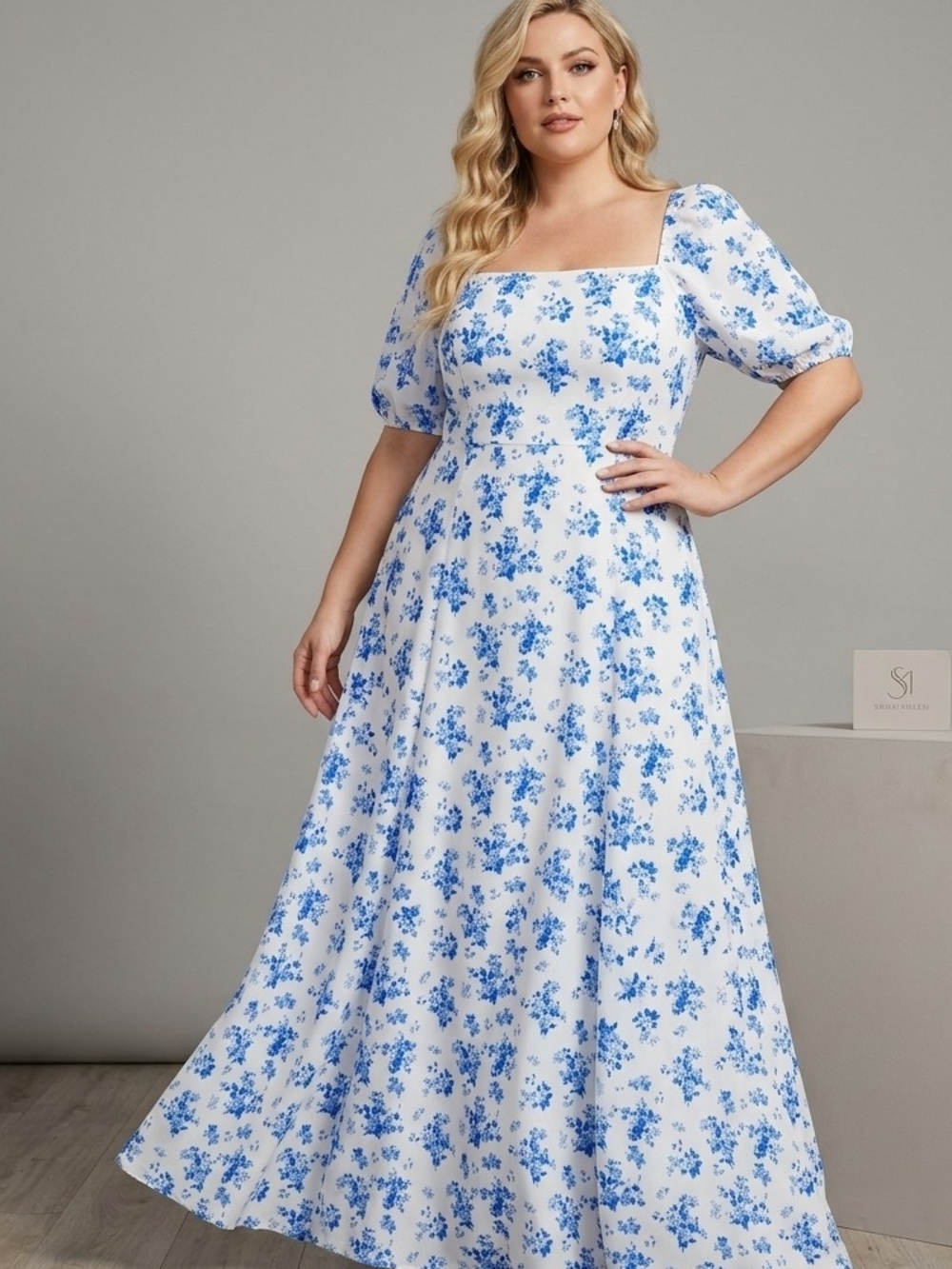 SHEIN White Maxi Dress with Blue Floral Print and Square Neck
